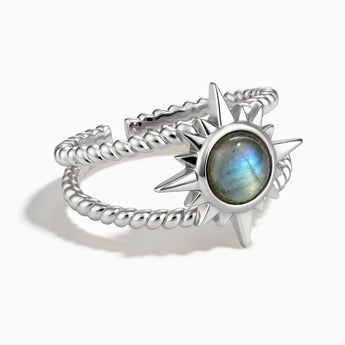 925 Sterling Silver Round Labradorite Sunburst Twisted Ring - Soleil Ray Front View