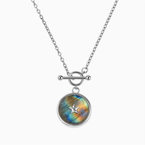 925 Sterling Silver Round Labradorite Toggle Clasp Necklace - Inner Star Front View