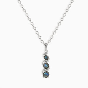 925 Sterling Silver Round Labradorite Triple Gemstone Twisted Necklace - Spiral Rondo Front View