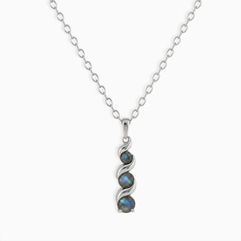 925 Sterling Silver Round Labradorite Triple Gemstone Twisted Necklace - Spiral Rondo Front View