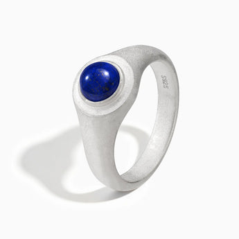 925 Sterling Silver Round Lapis Lazuli Sandblasted Ring - Matte Sculpt Side View