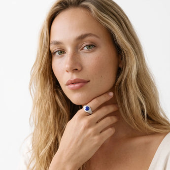 925 Sterling Silver Round Lapis Lazuli Sandblasted Ring - Matte Sculpt Worn View