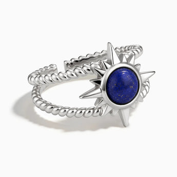 925 Sterling Silver Round Lapis Lazuli Sunburst Twisted Ring - Soleil Ray Front View