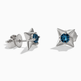 925 Sterling Silver Round London Blue Topaz Four Point Star Stud Earrings - Wishkeeper Front View