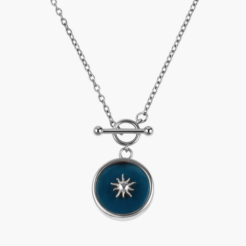 925 Sterling Silver Round London Blue Topaz Toggle Clasp Necklace - Inner Sun Front View