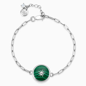925 Sterling Silver Round Malachite Paperclip Bracelet - Solo Sun Front View