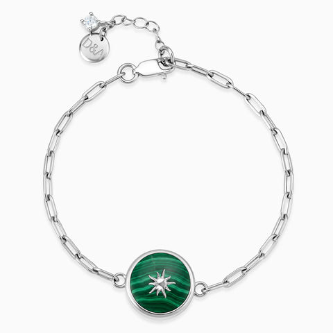 925 Sterling Silver Round Malachite Paperclip Bracelet - Solo Sun Front View