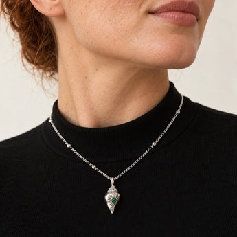 925 Sterling Silver Round Malachite Sun Conch Necklace Tidal Glow Model Shot Close Up