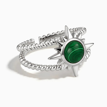 925 Sterling Silver Round Malachite Sunburst Twisted Ring - Soleil Ray Front View