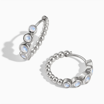 925 Sterling Silver Round Moonstone Bezel Hoop Earrings - Beaded Reverie Front View