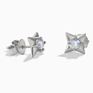 925 Sterling Silver Round Moonstone Four Point Star Stud Earrings - Wishkeeper Front View