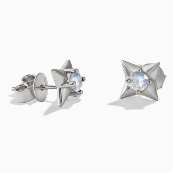 925 Sterling Silver Round Moonstone Four Point Star Stud Earrings - Wishkeeper Front View