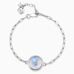 925 Sterling Silver Round Moonstone Paperclip Bracelet - Solo Star Front View