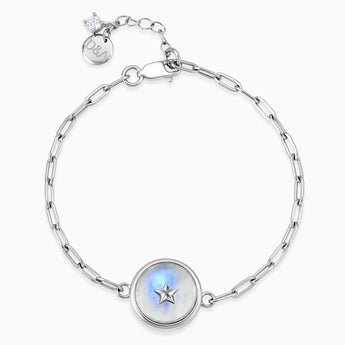 925 Sterling Silver Round Moonstone Paperclip Bracelet - Solo Star Front View