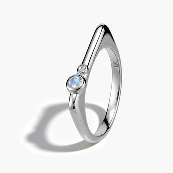925 Sterling Silver Round Moonstone Puzzle Stacking Ring - Minimal Still Side View