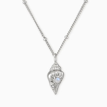 925 Sterling Silver Round Moonstone Sun Conch Necklace - Tidal Glow Front View