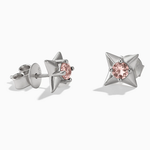 925 Sterling Silver Round Morganite Four Point Star Stud Earrings - Wishkeeper Front View