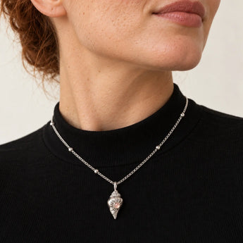925 Sterling Silver Round Morganite Sun Conch Necklace Tidal Glow Model Shot Close Up