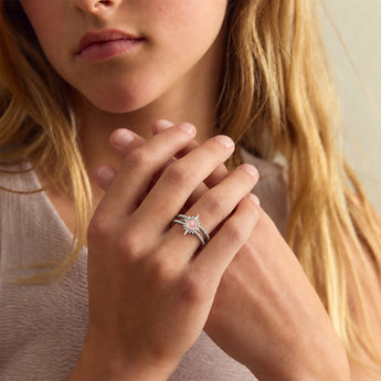 925 Sterling Silver Round Morganite Sunburst Twisted Ring - Soleil Ray Model Shot