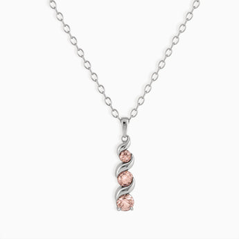 925 Sterling Silver Round Morganite Triple Gemstone Twisted Necklace - Spiral Rondo Front View