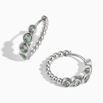 925 Sterling Silver Round Moss Agate Bezel Hoop Earrings - Beaded Reverie Front View