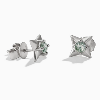 925 Sterling Silver Round Moss Agate Four Point Star Stud Earrings - Wishkeeper Front View