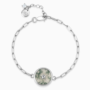 925 Sterling Silver Round Moss Agate Paperclip Bracelet - Solo Star Front View