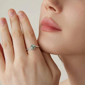 925 Sterling Silver Round Moss Agate Petal Prong Ring - Bloom Model Shot