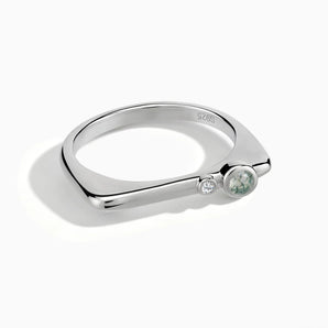 925 Sterling Silver Round Moss Agate Puzzle Stacking Ring - Minimal Still Front View