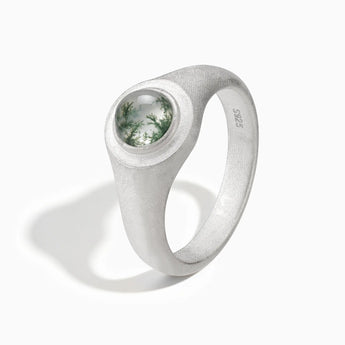 925 Sterling Silver Round Moss Agate Sandblasted Ring - Matte Sculpt Side View