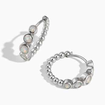 925 Sterling Silver Round Opal Bezel Hoop Earrings - Beaded Reverie Front View