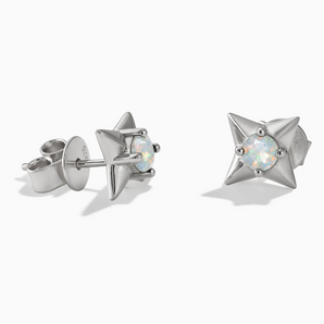 925 Sterling Silver Round Opal Four Point Star Stud Earrings - Wishkeeper Front View