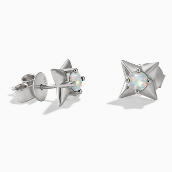 925 Sterling Silver Round Opal Four Point Star Stud Earrings - Wishkeeper Front View