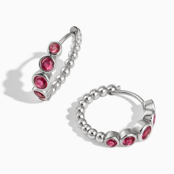 925 Sterling Silver Round Pink Tourmaline Bezel Hoop Earrings - Beaded Reverie Front View