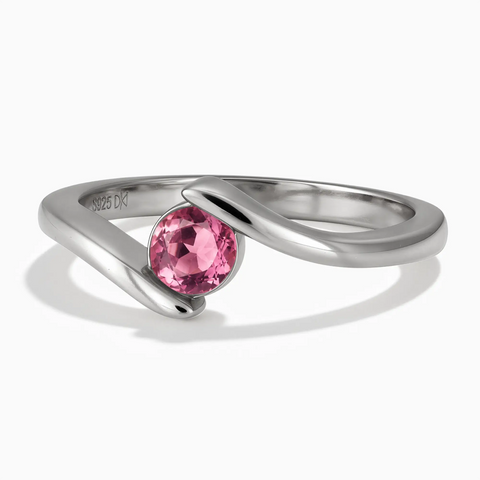 925 Sterling Silver Round Pink Tourmaline Bypass Ring - Soft Haven Front View