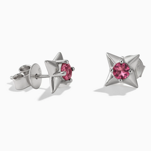 925 Sterling Silver Round Pink Tourmaline Four Point Star Stud Earrings - Wishkeeper Front View