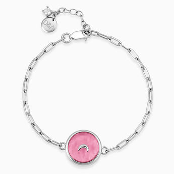 925 Sterling Silver Round Pink Tourmaline Paperclip Bracelet - Solo Moon Front View
