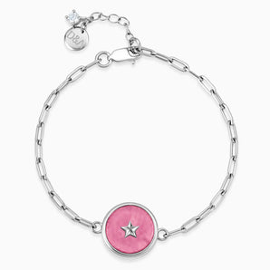 925 Sterling Silver Round Pink Tourmaline Paperclip Bracelet - Solo Star Front View