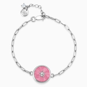 925 Sterling Silver Round Pink Tourmaline Paperclip Bracelet - Solo Sun Front View