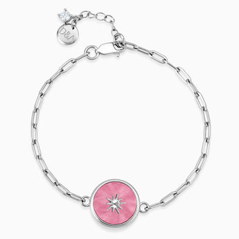 925 Sterling Silver Round Pink Tourmaline Paperclip Bracelet - Solo Sun Front View