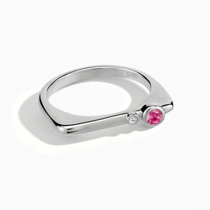 925 Sterling Silver Round Pink Tourmaline Puzzle Stacking Ring - Minimal Still Front View