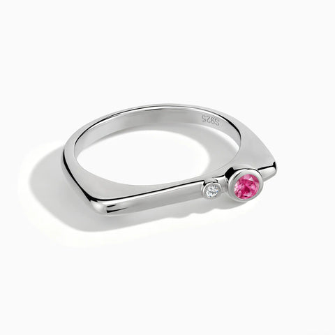 925 Sterling Silver Round Pink Tourmaline Puzzle Stacking Ring - Minimal Still Front View