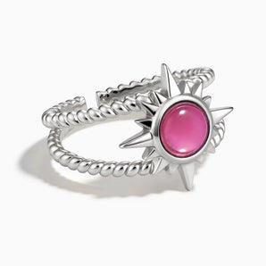 925 Sterling Silver Round Pink Tourmaline Sunburst Twisted Ring - Soleil Ray Front View