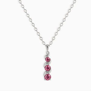 925 Sterling Silver Round Pink Tourmaline Triple Gemstone Twisted Necklace - Spiral Rondo Front View