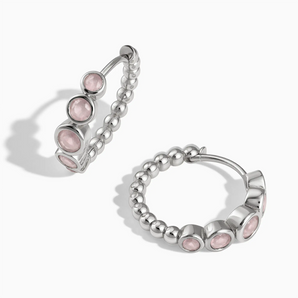 925 Sterling Silver Round Rose Quartz Bezel Hoop Earrings - Beaded Reverie Front View