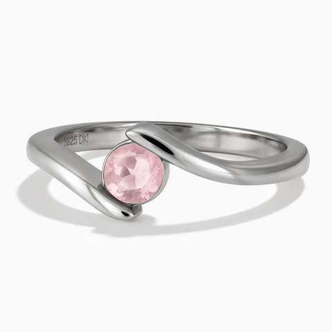 925 Sterling Silver Round Rose Quartz Bypass Ring - Soft Haven Front View
