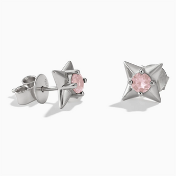 925 Sterling Silver Round Rose Quartz Four Point Star Stud Earrings - Wishkeeper Front View