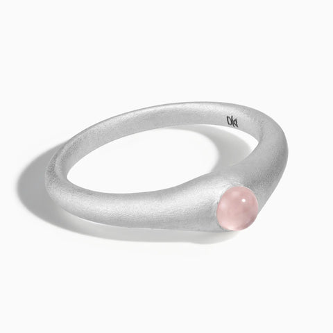 925 Sterling Silver Round Rose Quartz Sandblasted Dome Ring - Morning Frost Front View