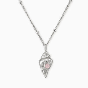 925 Sterling Silver Round Rose Quartz Sun Conch Necklace - Tidal Glow Front View