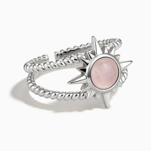 925 Sterling Silver Round Rose Quartz Sunburst Twisted Ring - Soleil Ray Front View